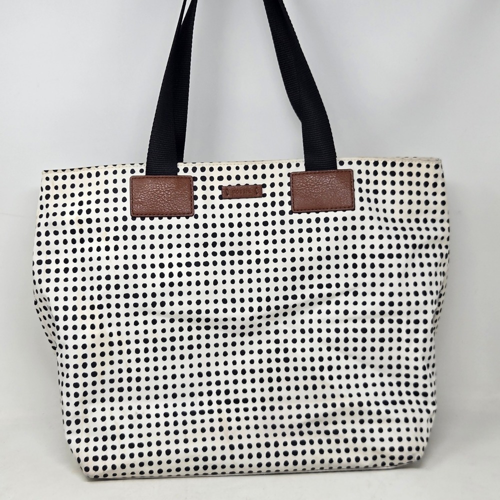 Fossil Key-Per Polka Dot Tote Bag Black White Coated Canvas Large Shoulder Bag
